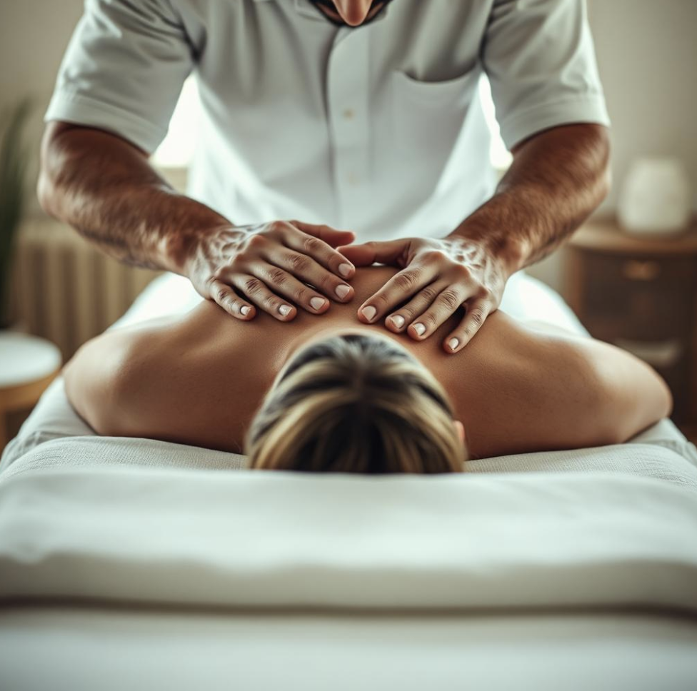A male practitioner gently massaging a woman's shoulders as she rests during a therapeutic session