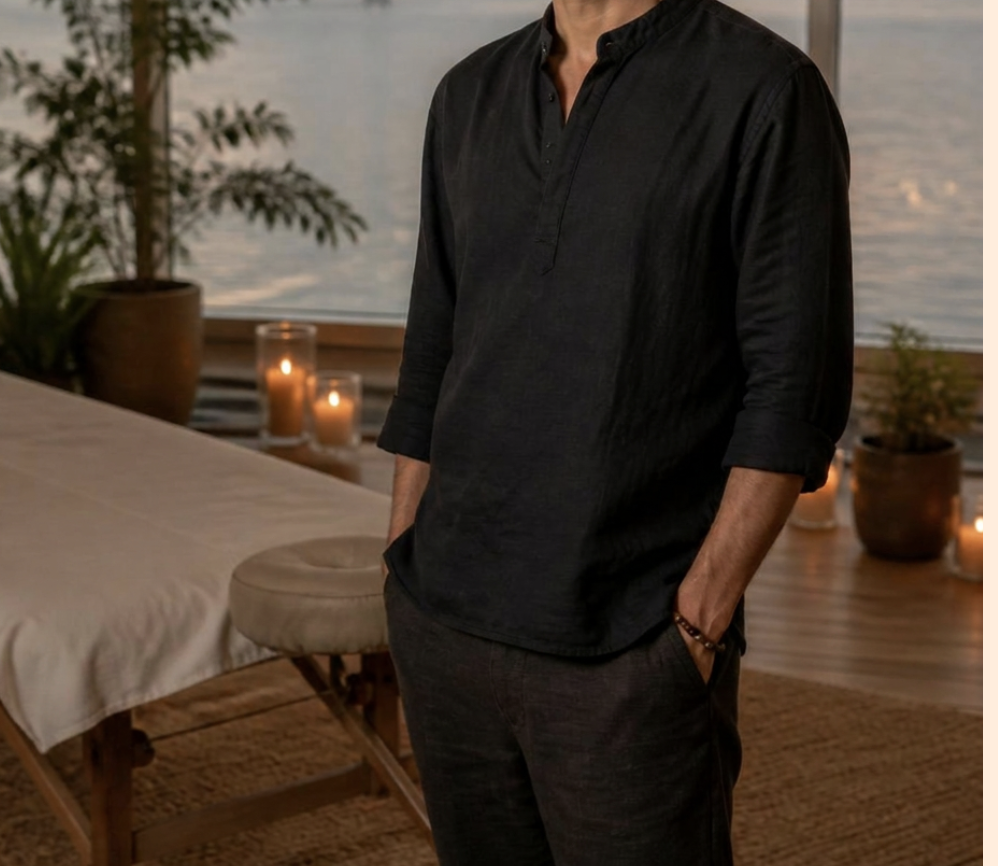 A practitioner in dark linen clothing stands in a candlelit massage studio with a view of the water behind him