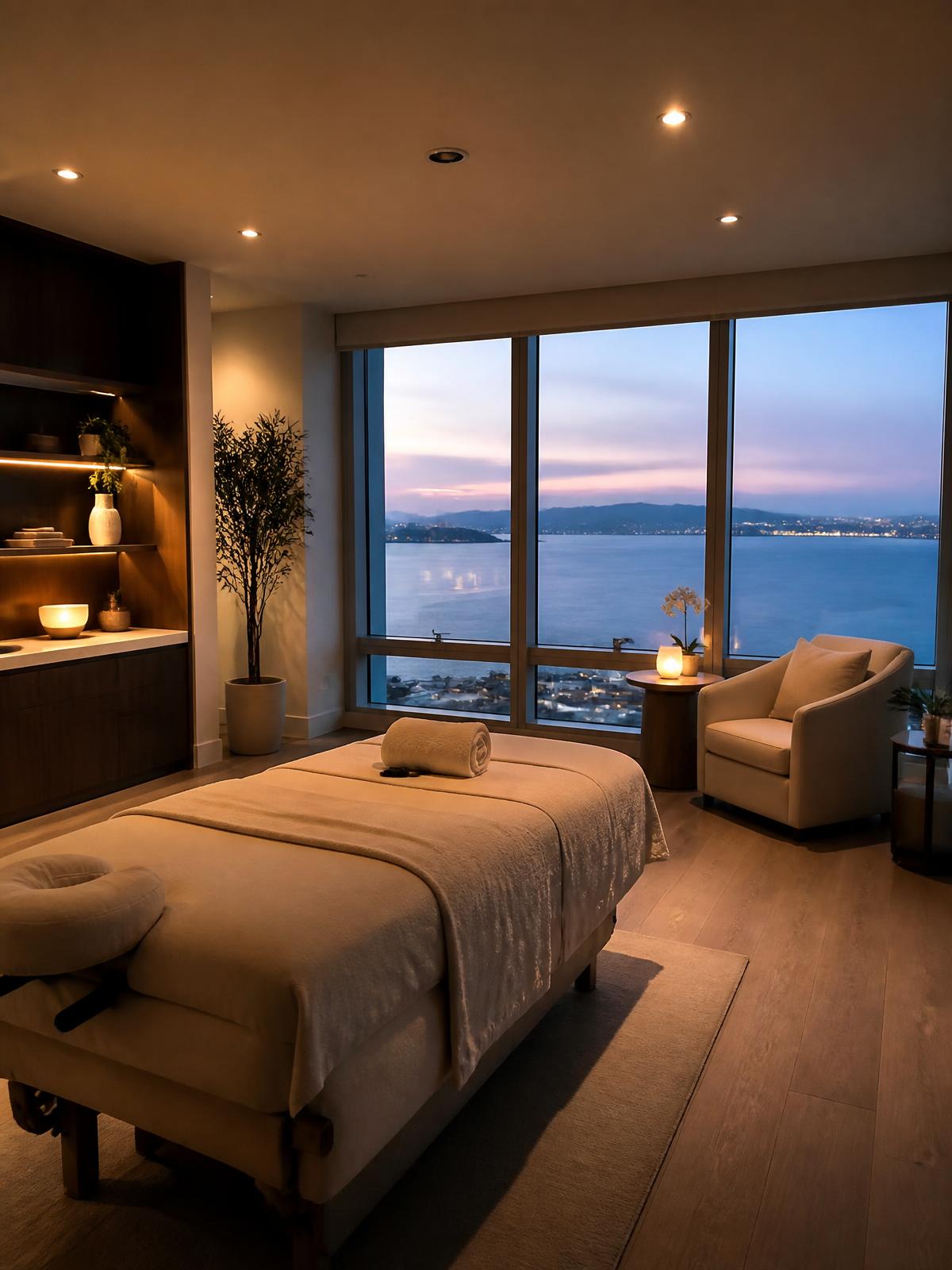 A serene massage studio with floor-to-ceiling windows overlooking the San Francisco Bay at dusk